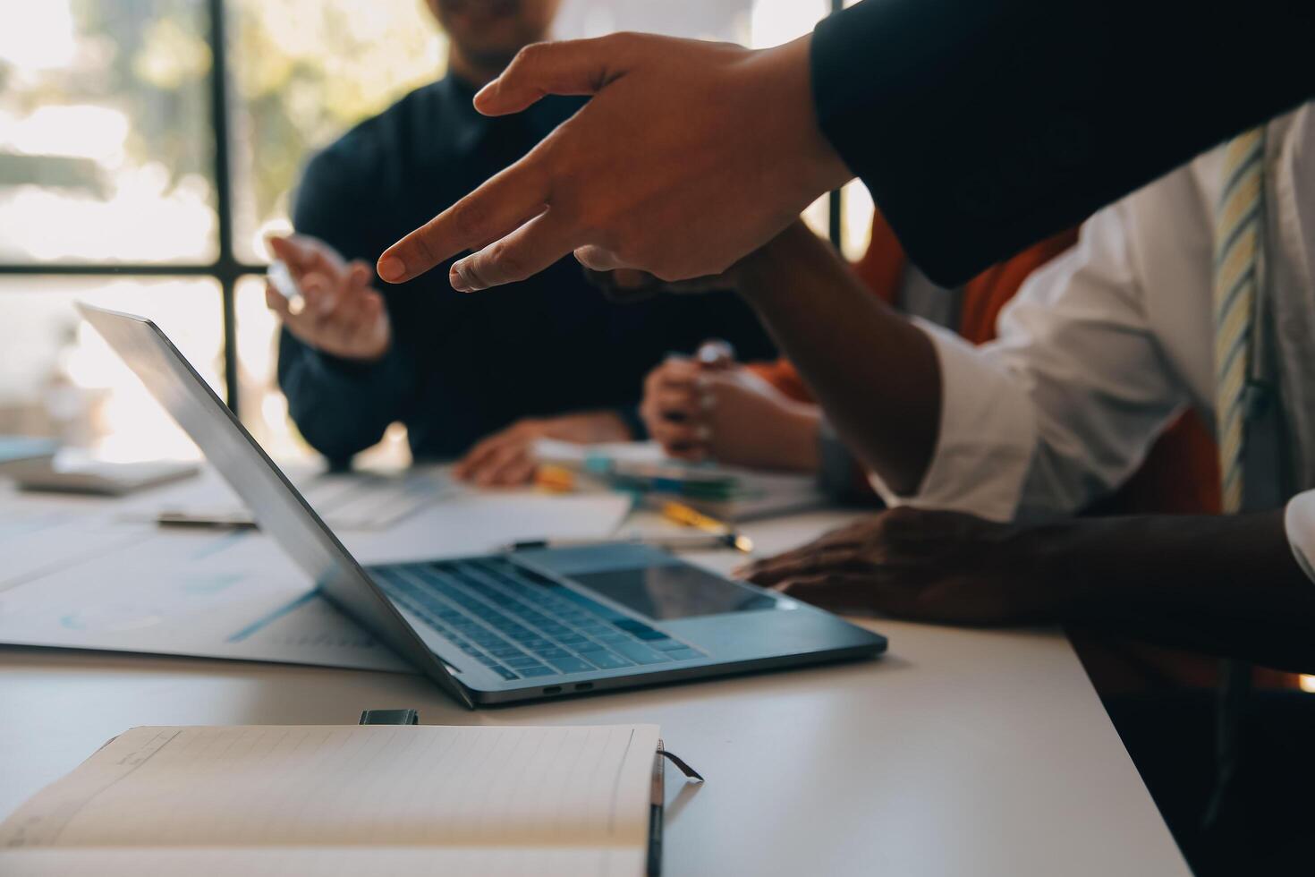 Co working conference, Business team meeting present, investor colleagues discussing new plan financial graph data on office table with laptop and digital tablet, Finance, accounting, investment. photo