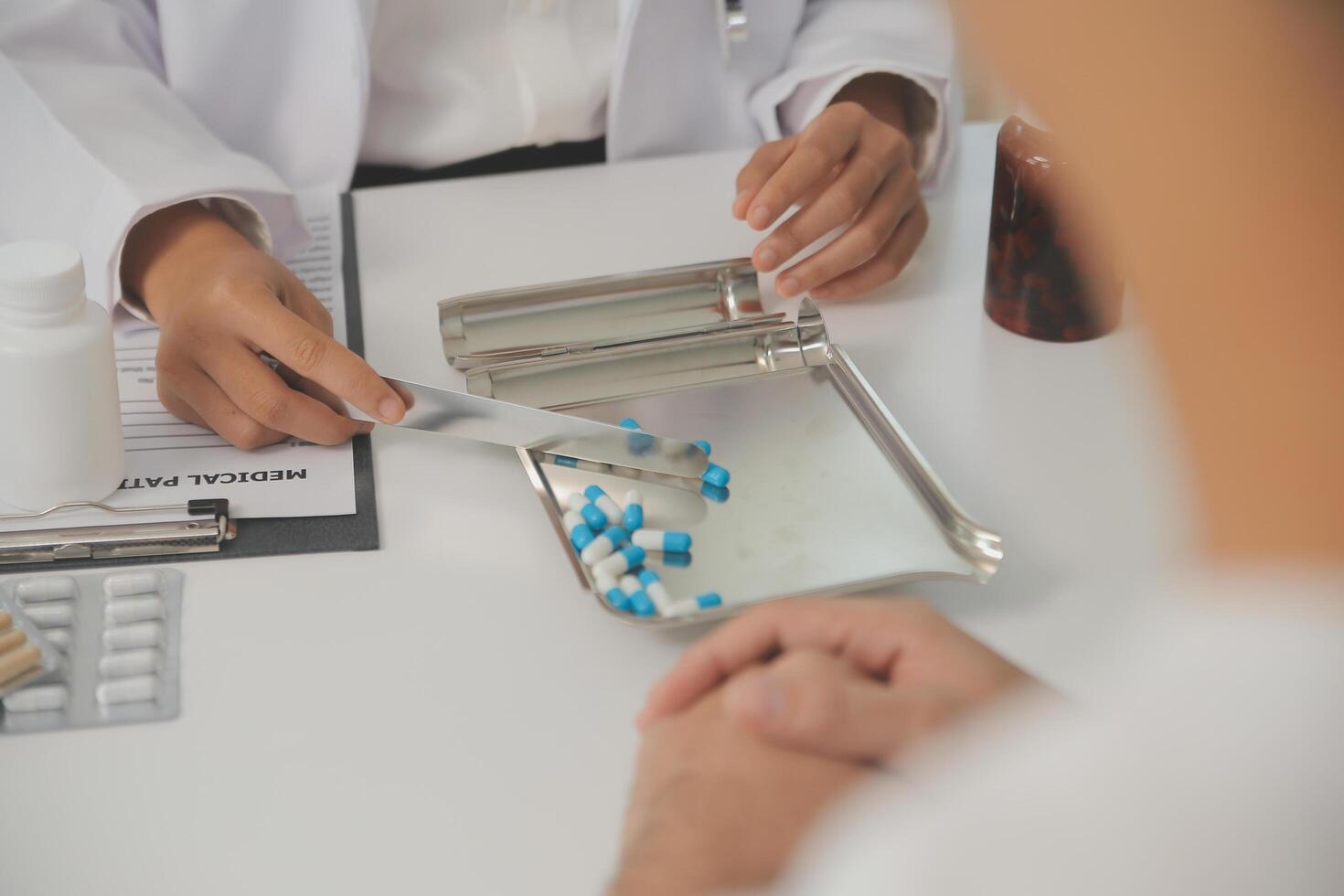 Healthcare service and pharmacy worker with customer at store counter for medication explanation. Pharmaceutical advice and opinion of pharmacist helping girl with medicine information. photo