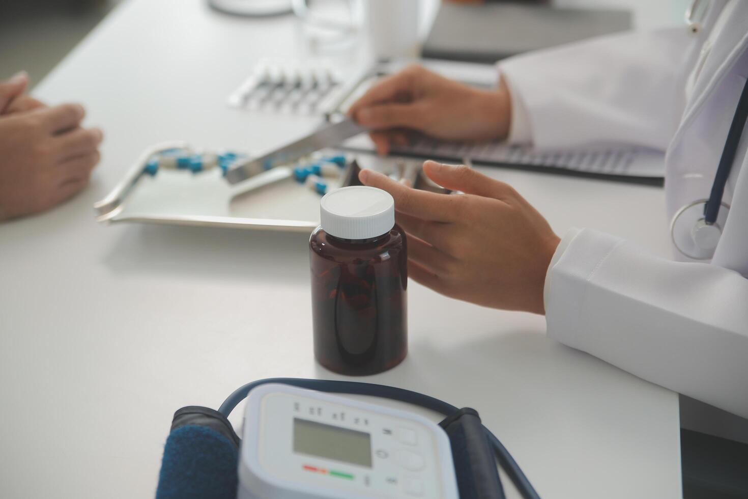 Healthcare service and pharmacy worker with customer at store counter for medication explanation. Pharmaceutical advice and opinion of pharmacist helping girl with medicine information. photo
