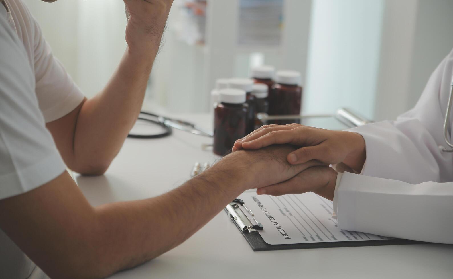 Homecare nursing service and elderly people cardiology healthcare. Close up of young hispanic female doctor nurse check mature caucasian man patient heartbeat using stethoscope during visit photo