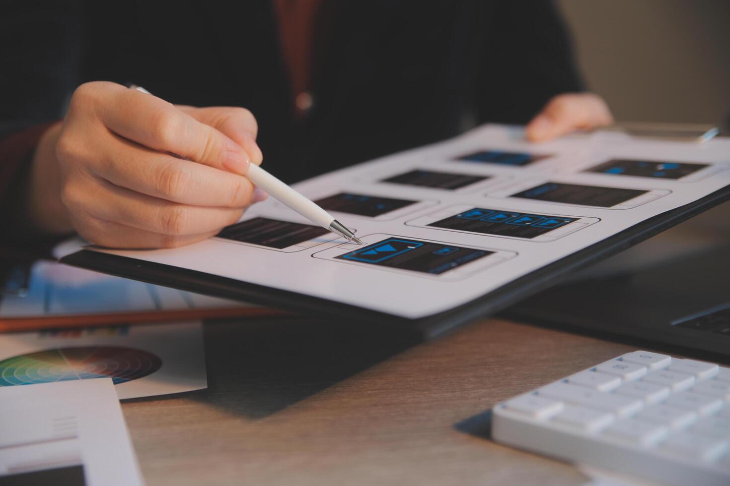 UX UI design process for modish mobile application and website . Creative prototype of wireframe for professional app developer . photo