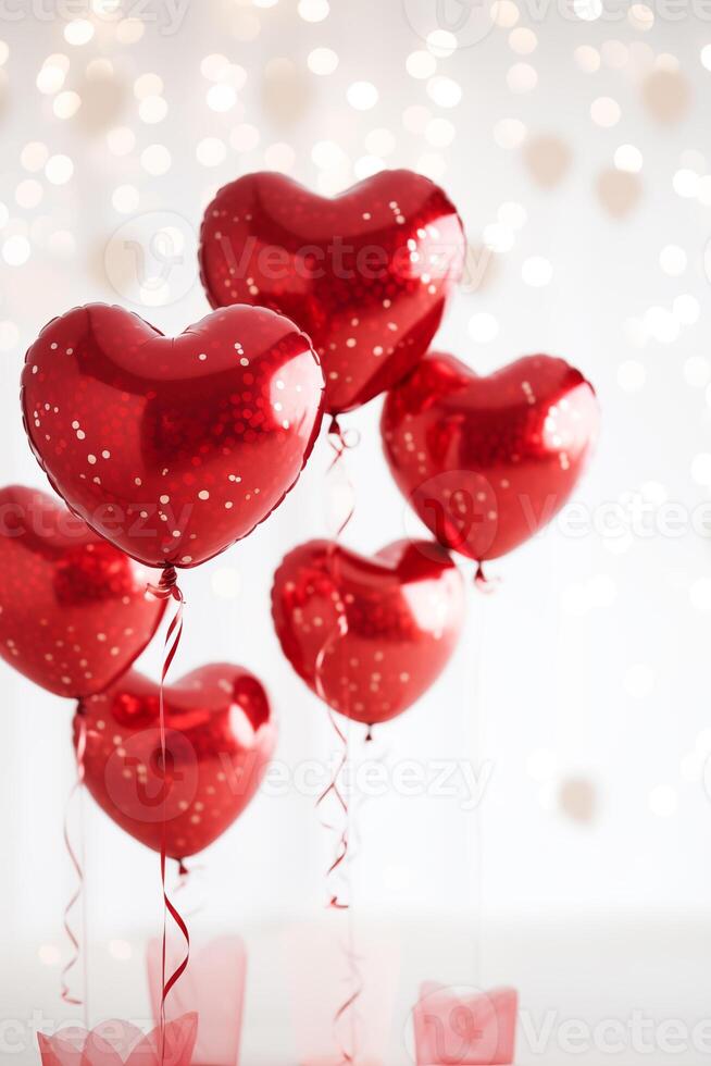 AI generated Stylish Red Metallic Valentine Heart Balloons on a plain white graphic background Valentines Day Romantic Bokeh Soft Lighting photo