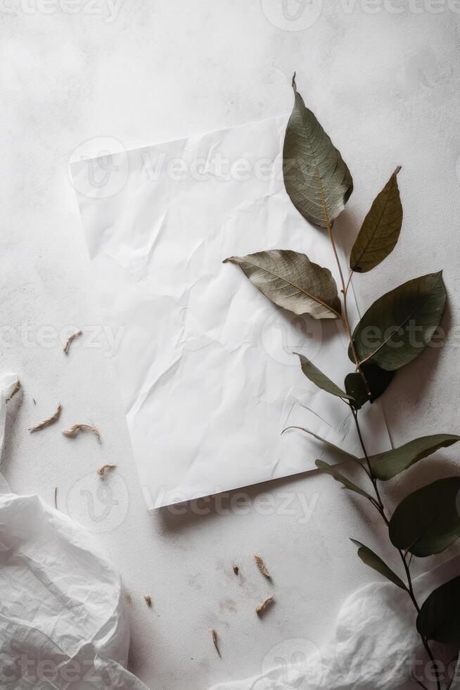 AI generated Rustic Leaves Natural Boho Blank Paper Textured Backdrop Neutral Minimal Clean Background Website Banner Social Media photo