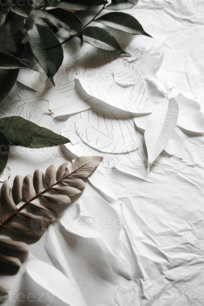 AI generated Rustic Leaves Natural Boho Blank Paper Textured Backdrop Neutral Minimal Clean Background Website Banner Social Media photo