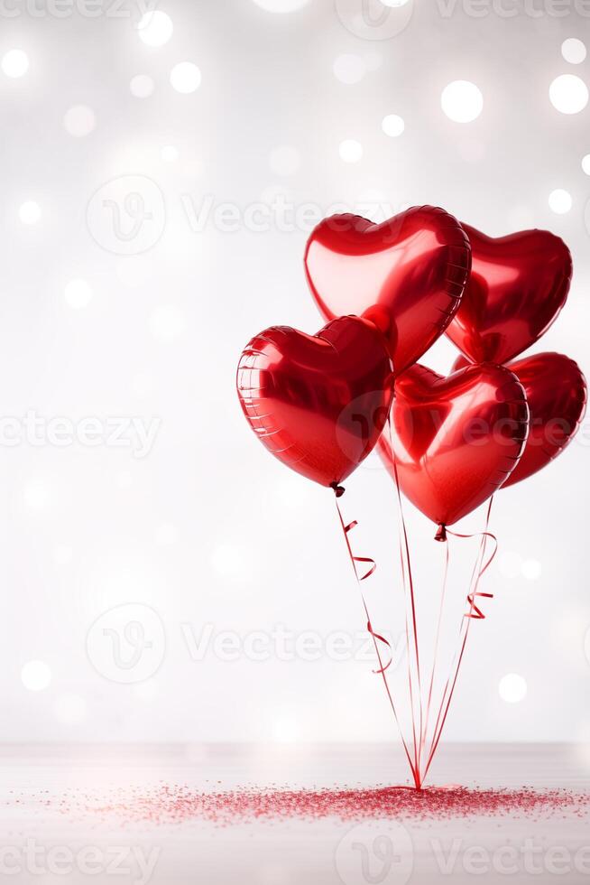 AI generated Stylish Red Metallic Valentine Heart Balloons on a plain white graphic background Valentines Day Romantic Bokeh Soft Lighting photo