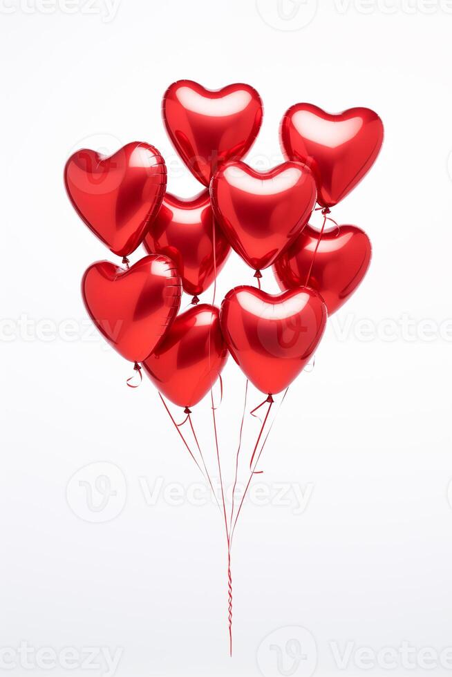 AI generated Stylish Red Metallic Valentine Heart Balloons on a plain white graphic background Valentines Day Romantic Bokeh Soft Lighting photo
