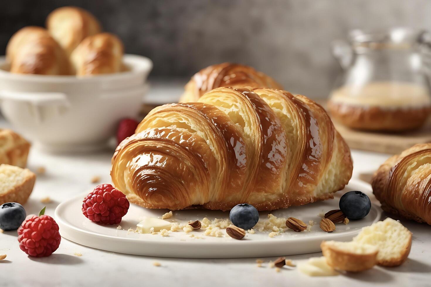 French croissant icon with sketch of freshly baked pastry dessert. Cafe, bakery shop, restaurant menu design photo