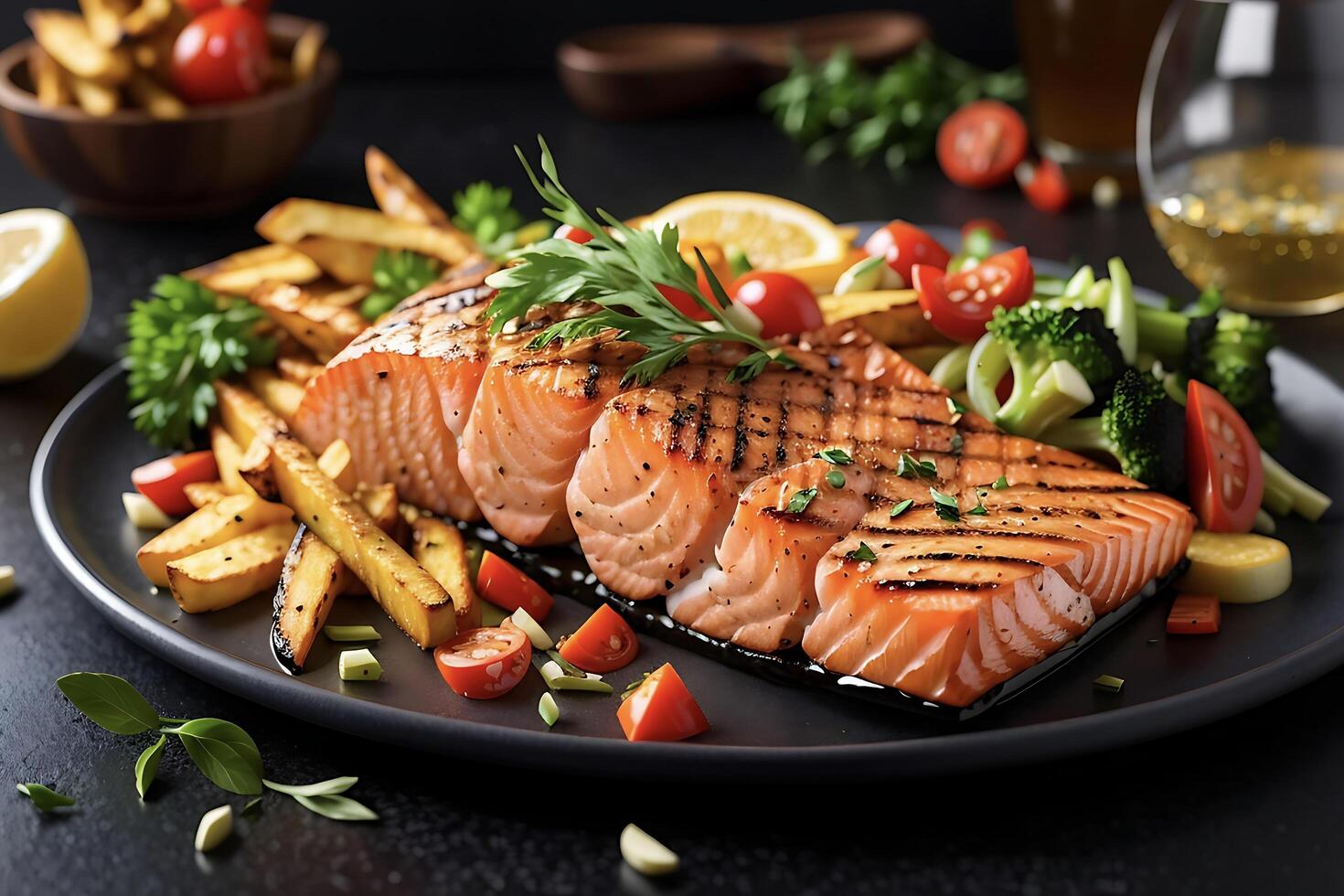 Grilled salmon fillet with asparagus and carrot photo