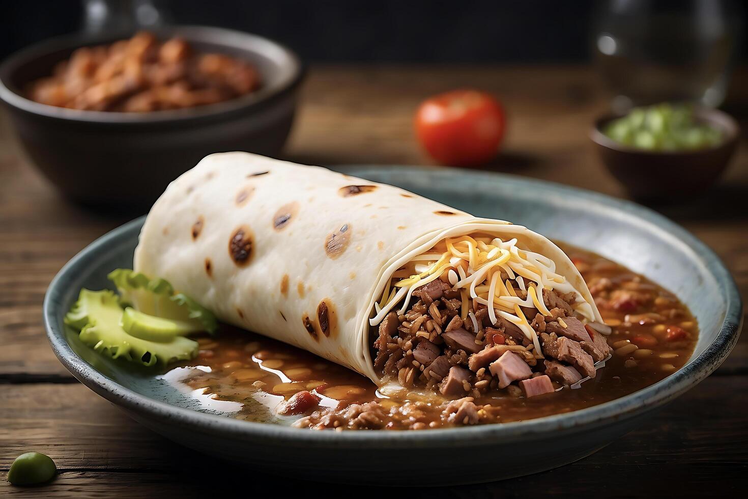 mexicano rápido comida burrito lleno con arroz frijoles y picante carne de vaca o pollo foto