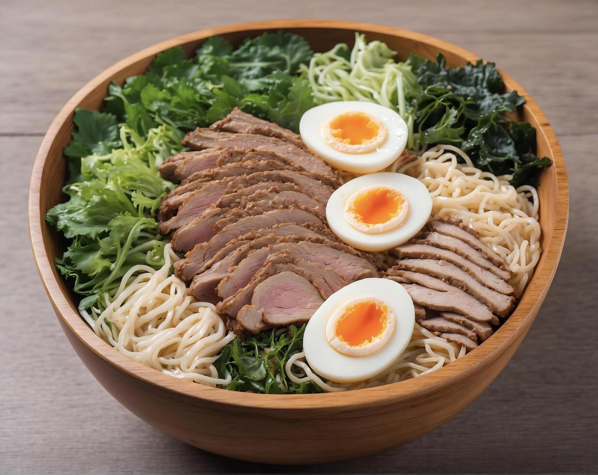 Japanese ramen bowl with pork or beef and vegetable eggs photo