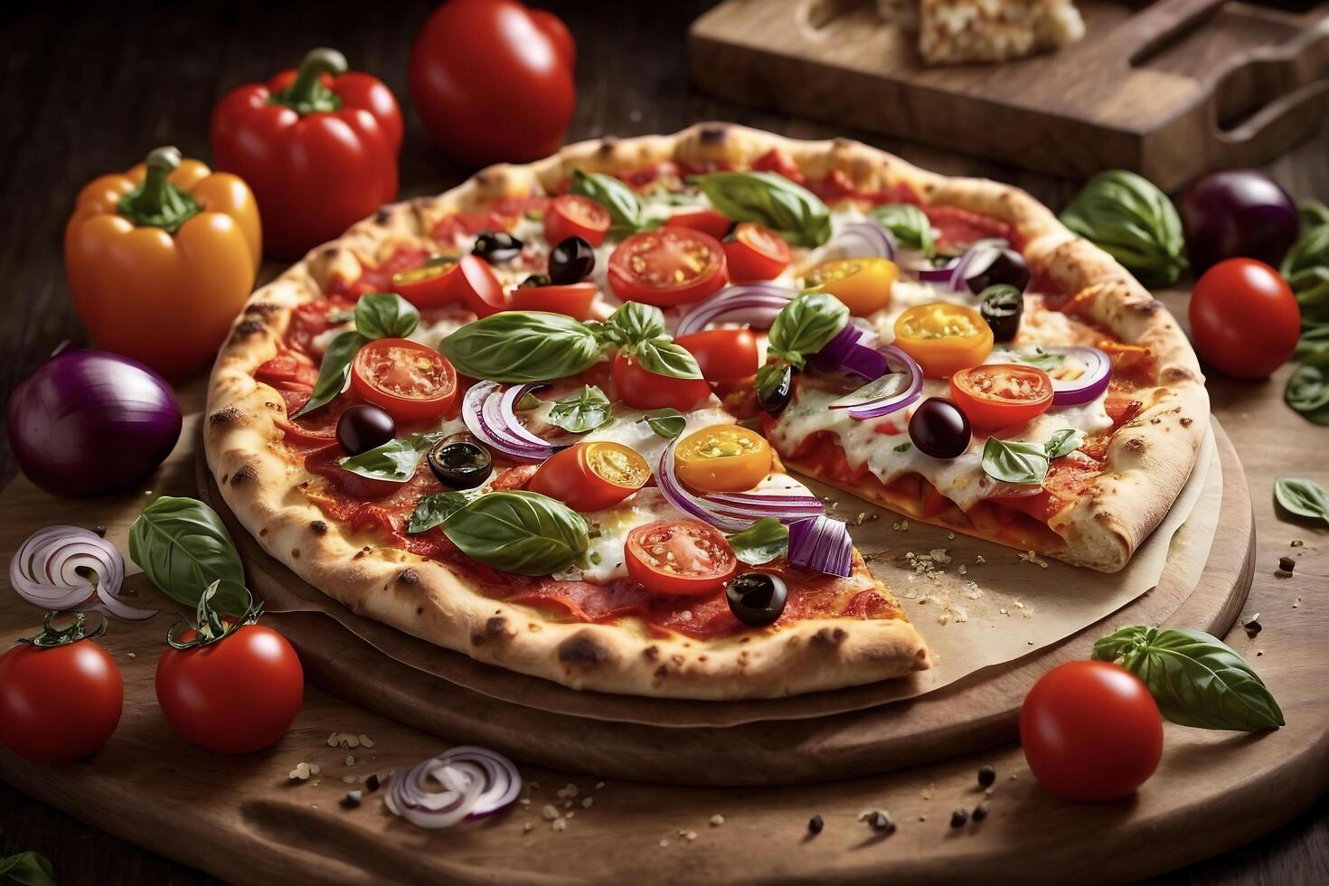 pizza with tomatoes and basil Testy Vegetable Pizza photo