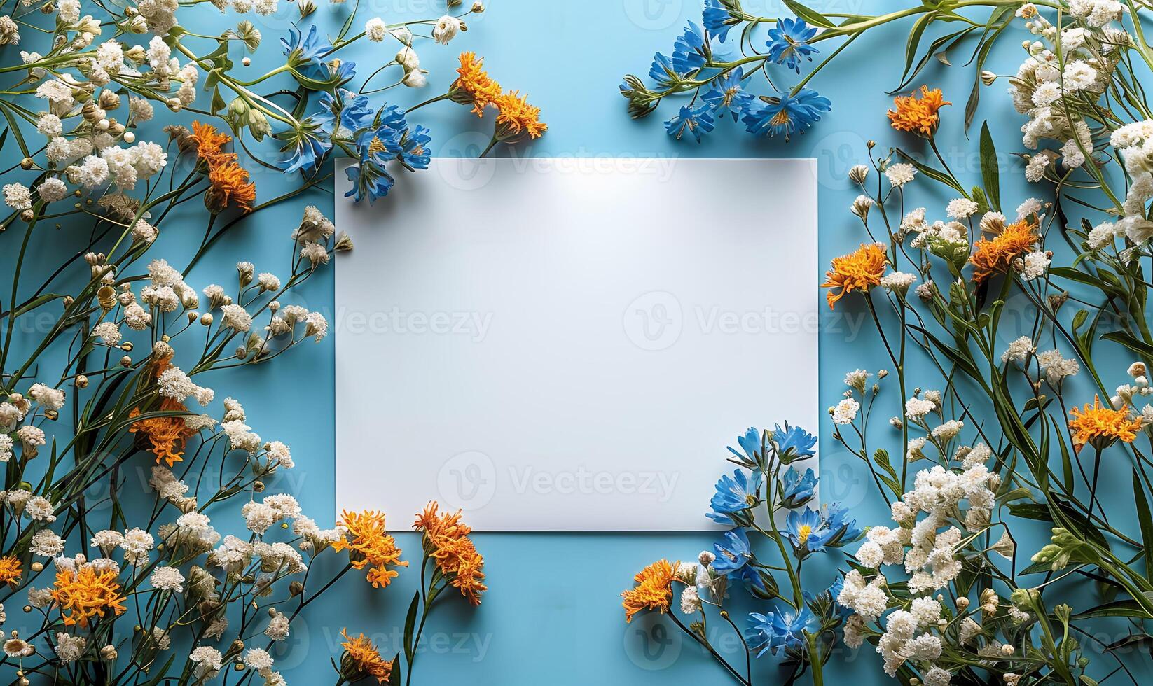 AI generated spring mockup copy space on colorful flowers. spring flat lay photo