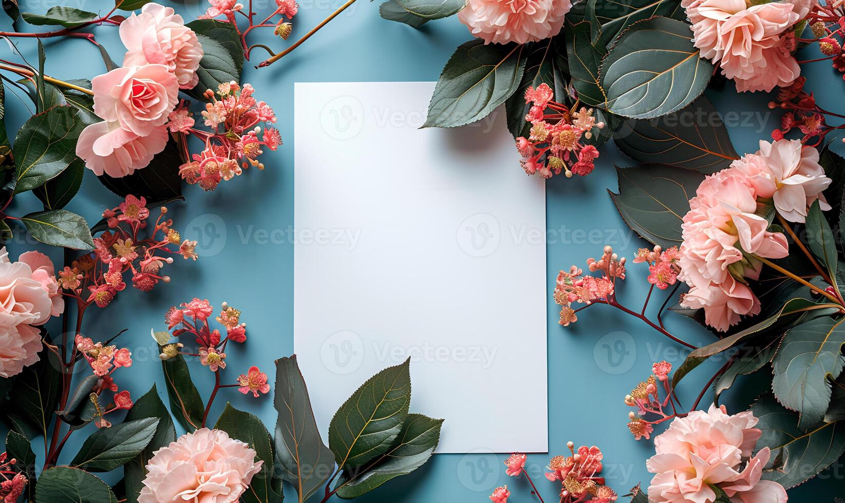 AI generated spring mockup copy space on colorful flowers. spring flat lay photo