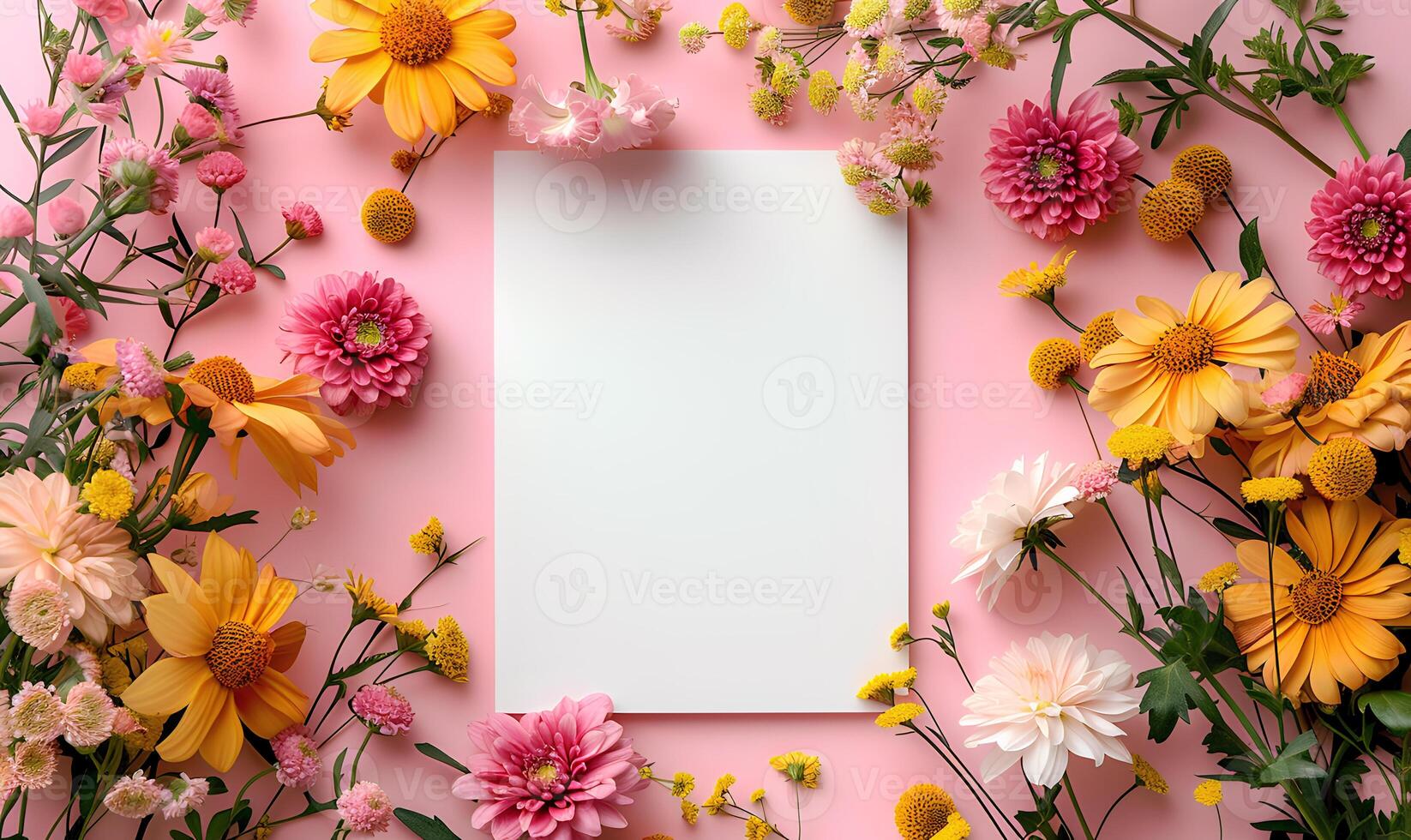 AI generated spring plant mockup copy space on colorful flowers on light pink background. spring flat lay photo