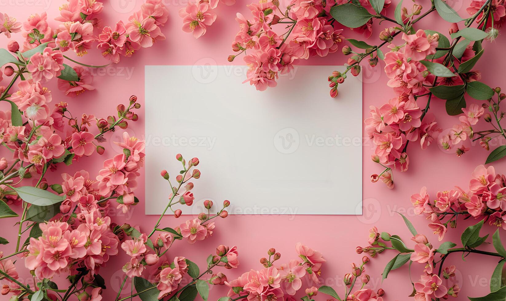 AI generated spring plant mockup copy space on colorful flowers on light pink background. spring flat lay photo