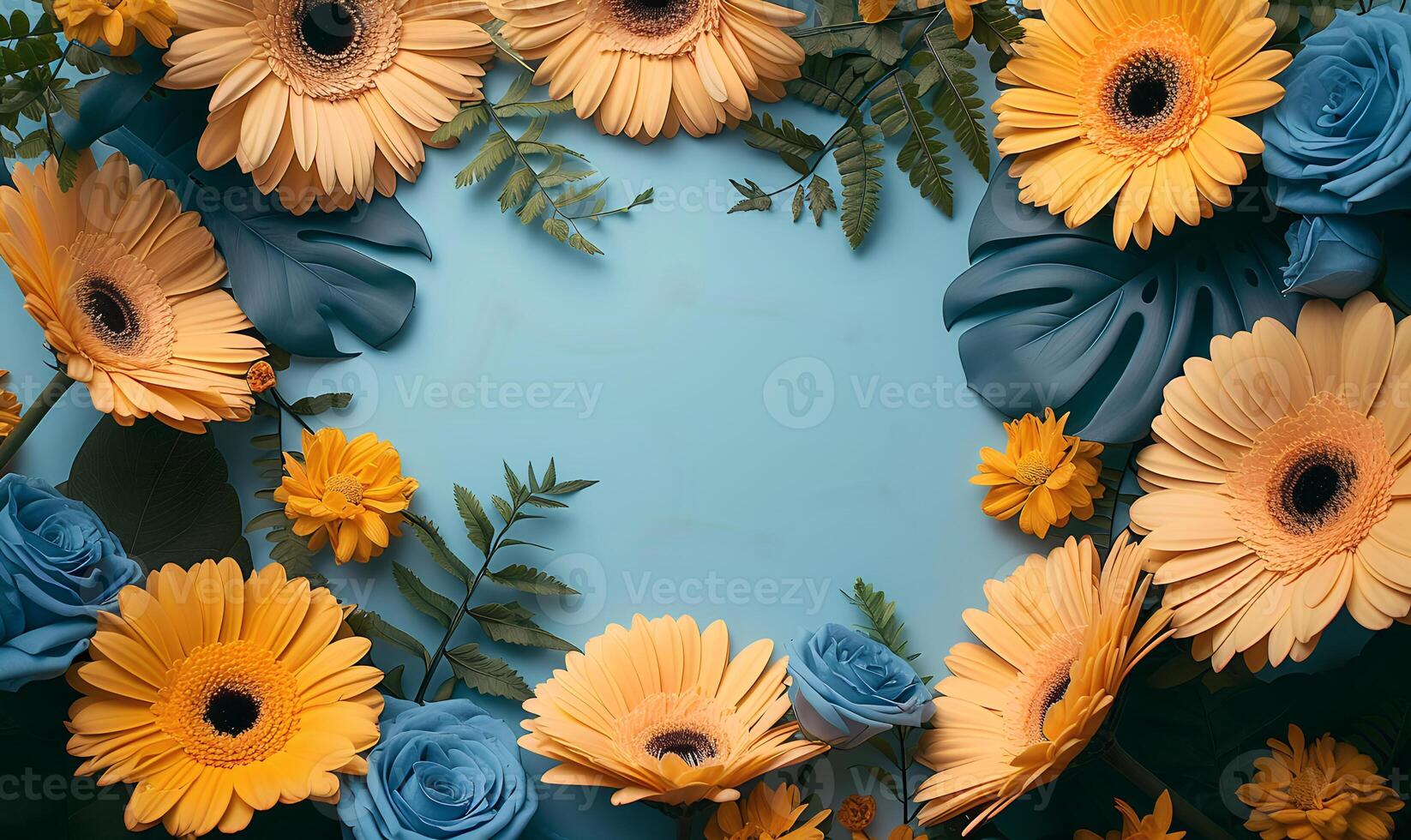 AI generated spring mockup copy space on colorful flowers. spring flat lay photo
