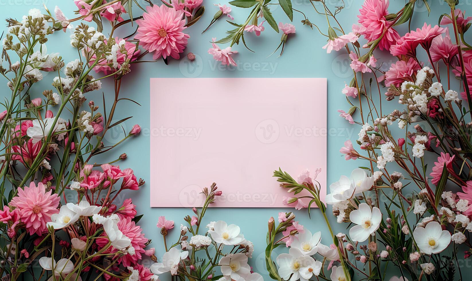 AI generated spring mockup copy space on colorful flowers. spring flat lay photo