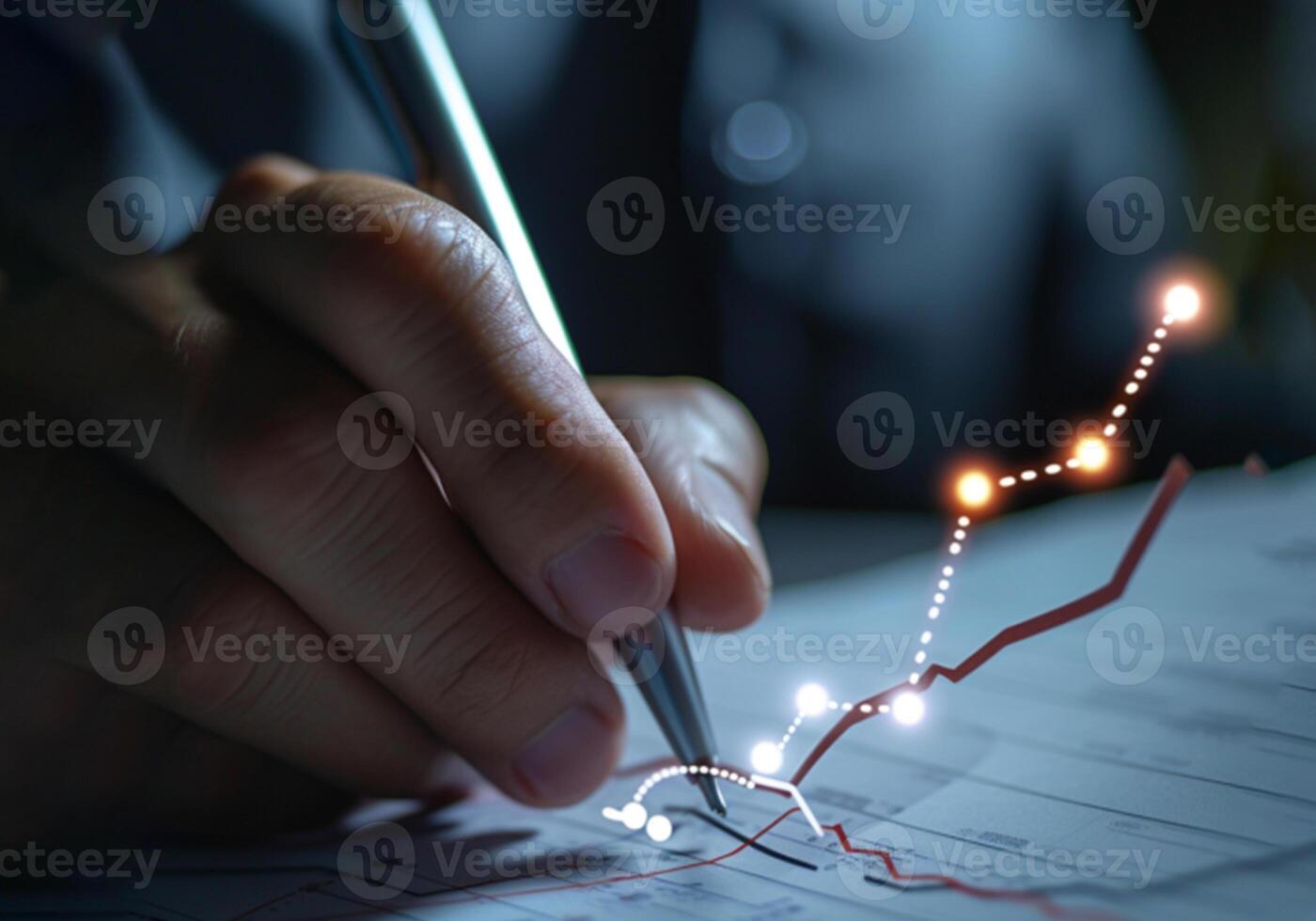 AI generated businessman writing on paper with pen and graph line photo