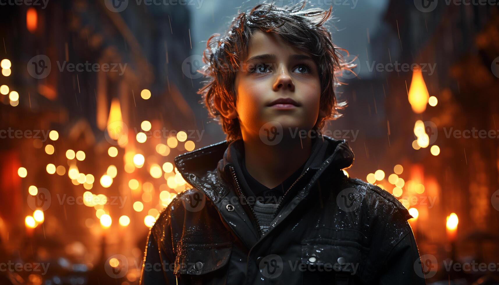 AI generated Smiling boys burning with happiness in winter night generated by AI photo