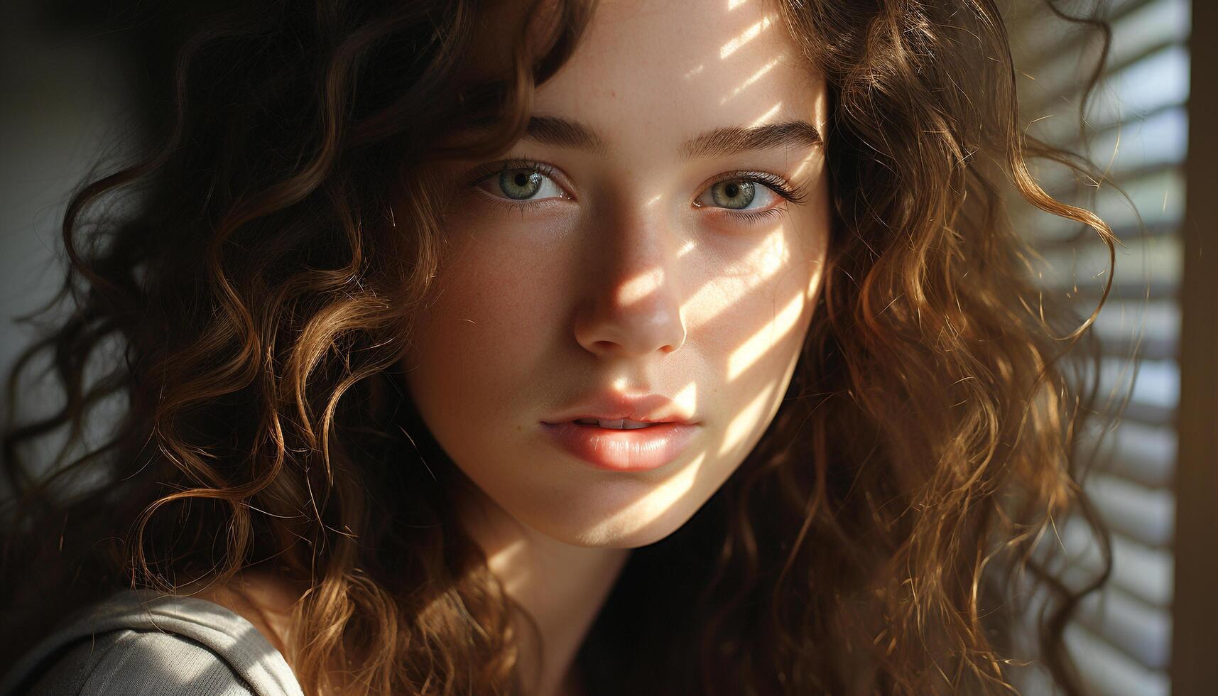 AI generated Young adult woman with brown hair looking at camera generated by AI photo