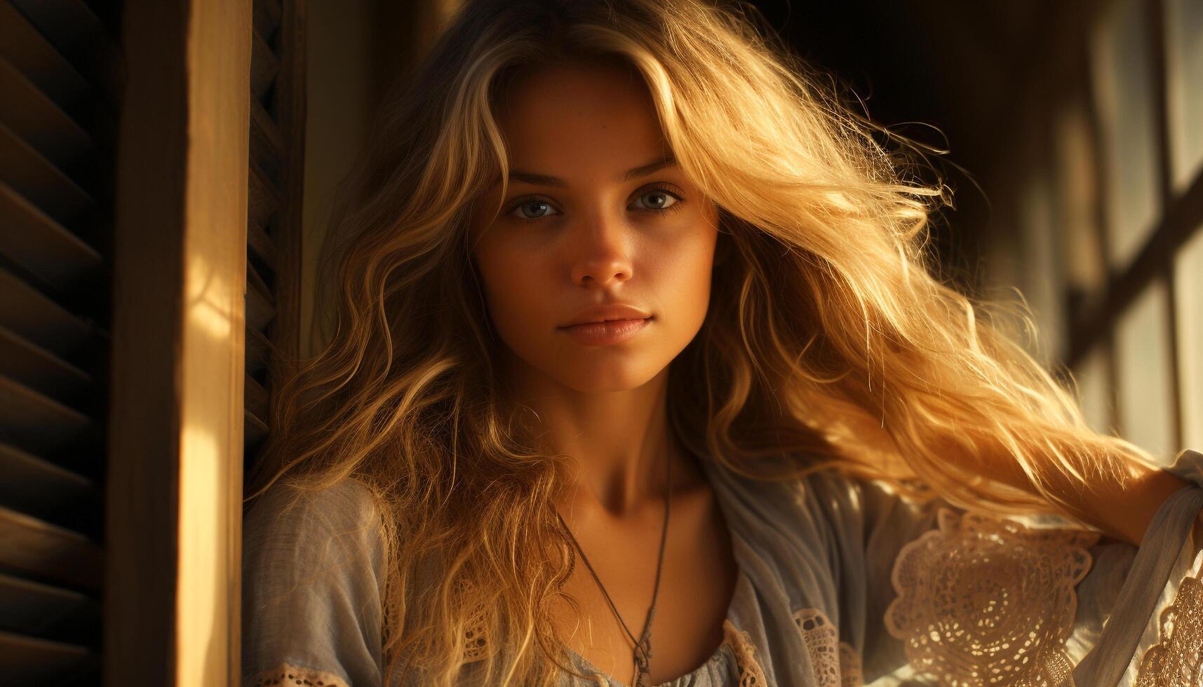 AI generated Beautiful young woman with long blond hair smiling generated by AI photo