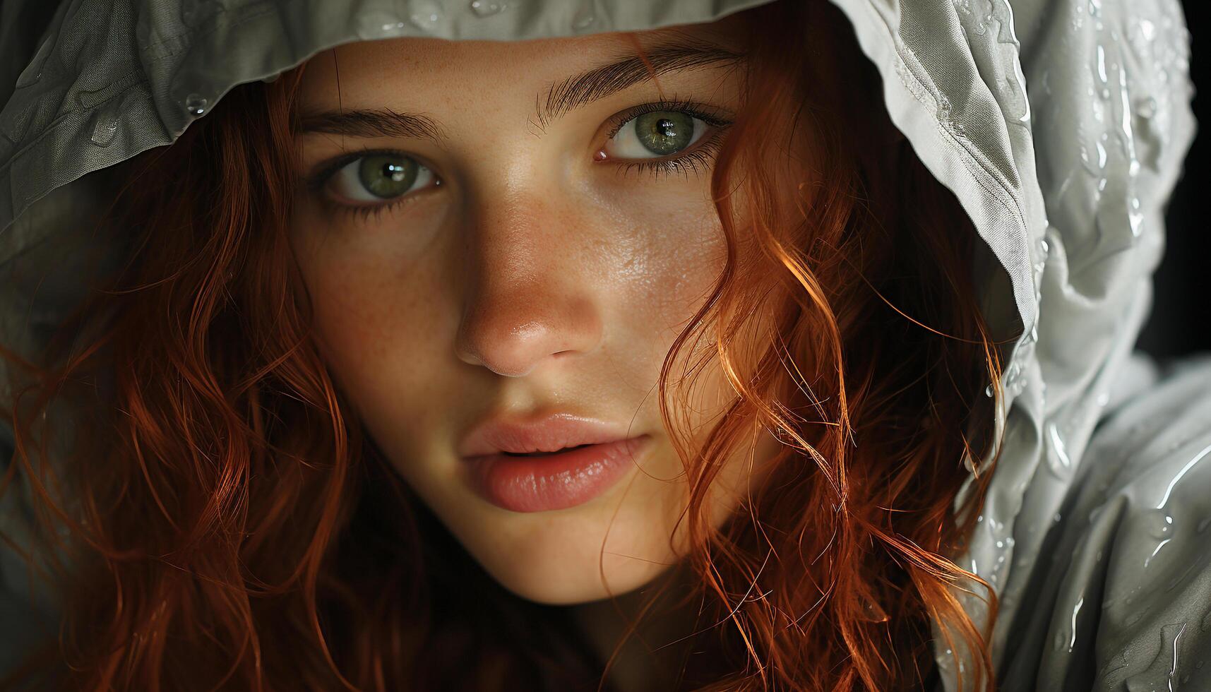 AI generated Beautiful woman in nature, smiling, wet hair generated by AI photo