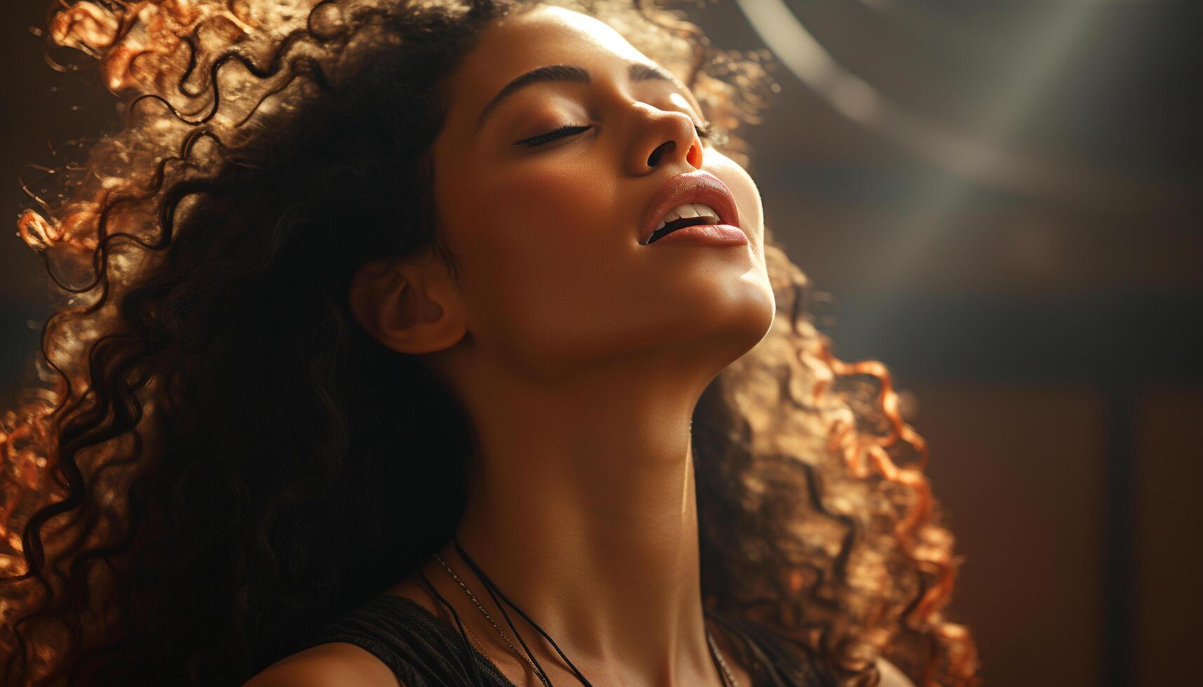 AI generated Young woman with curly brown hair, smiling outdoors generated by AI photo