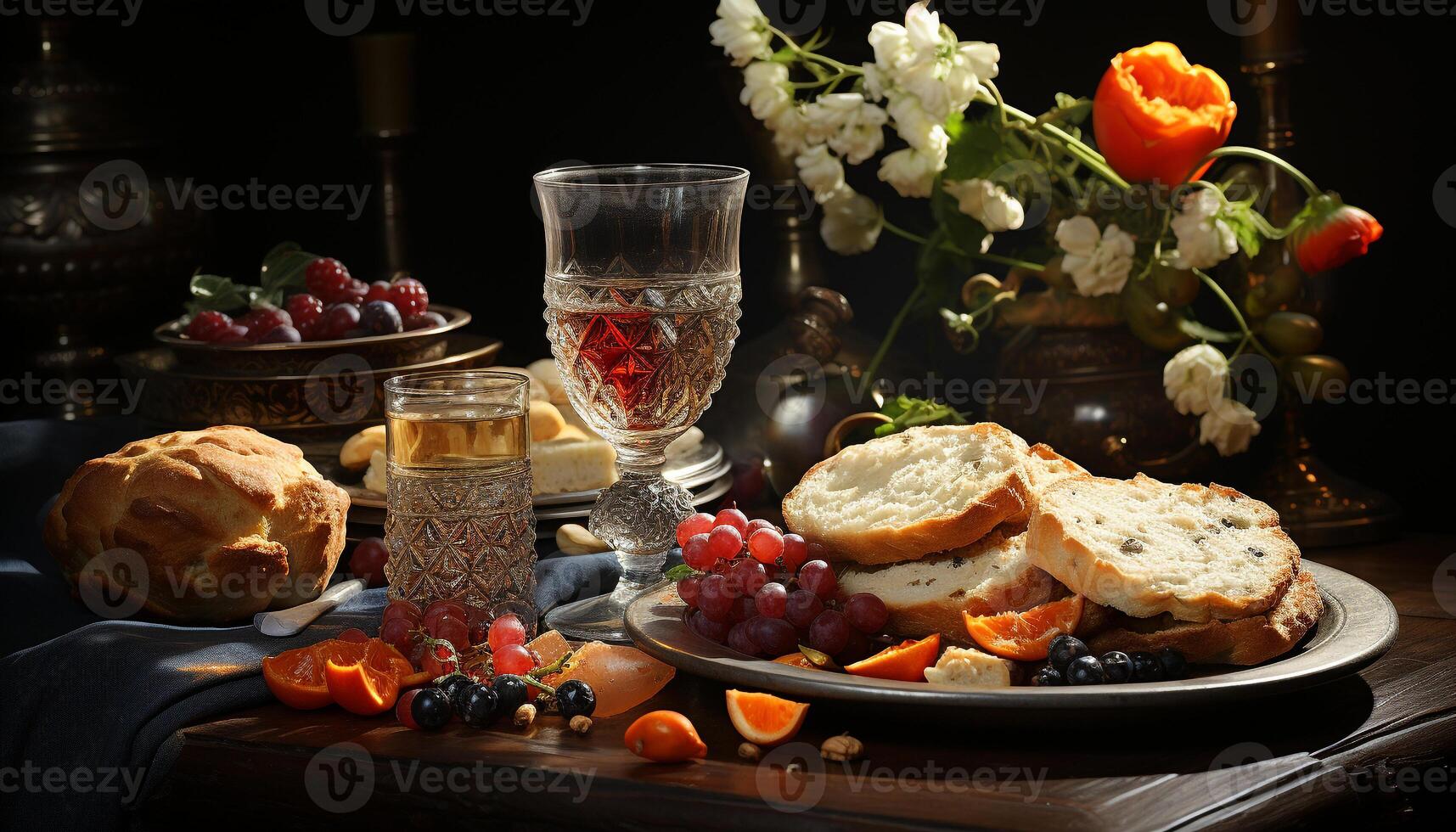 AI generated Gourmet meal with wine, fresh fruit, and bread generated by AI photo