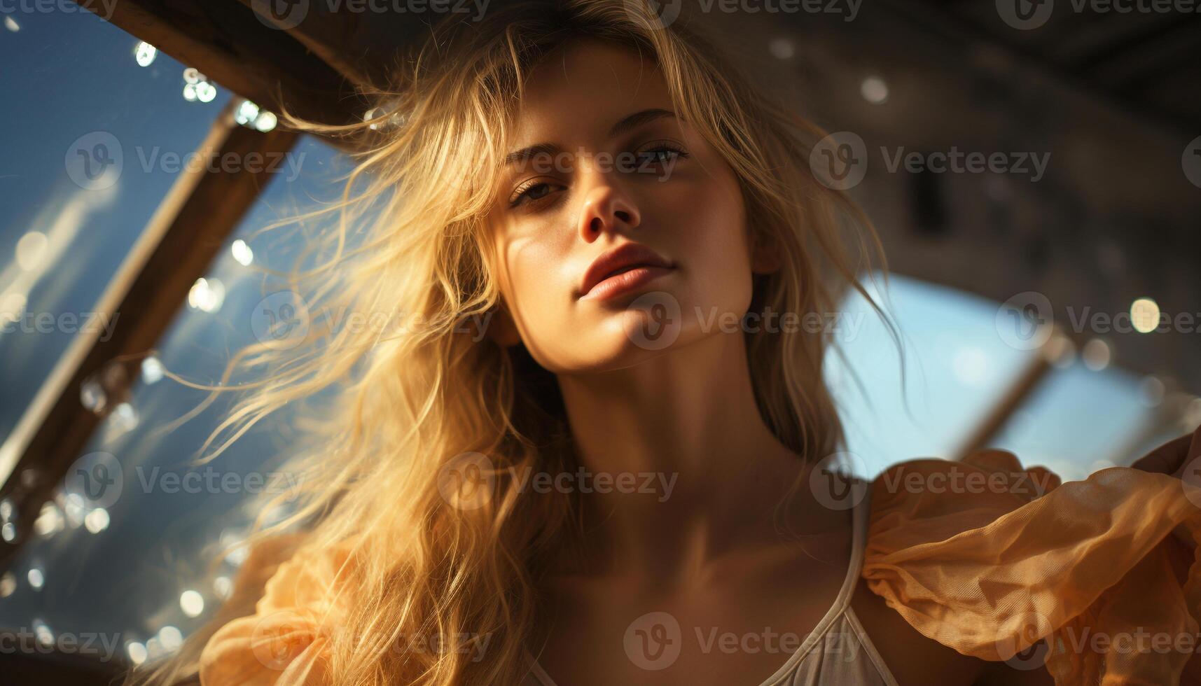 AI generated Young woman enjoying the sunset in casual clothing generated by AI photo