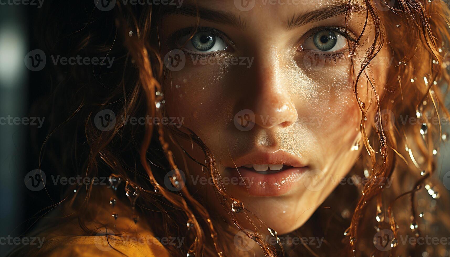 AI generated Smiling young woman with wet hair outdoors generated by AI photo