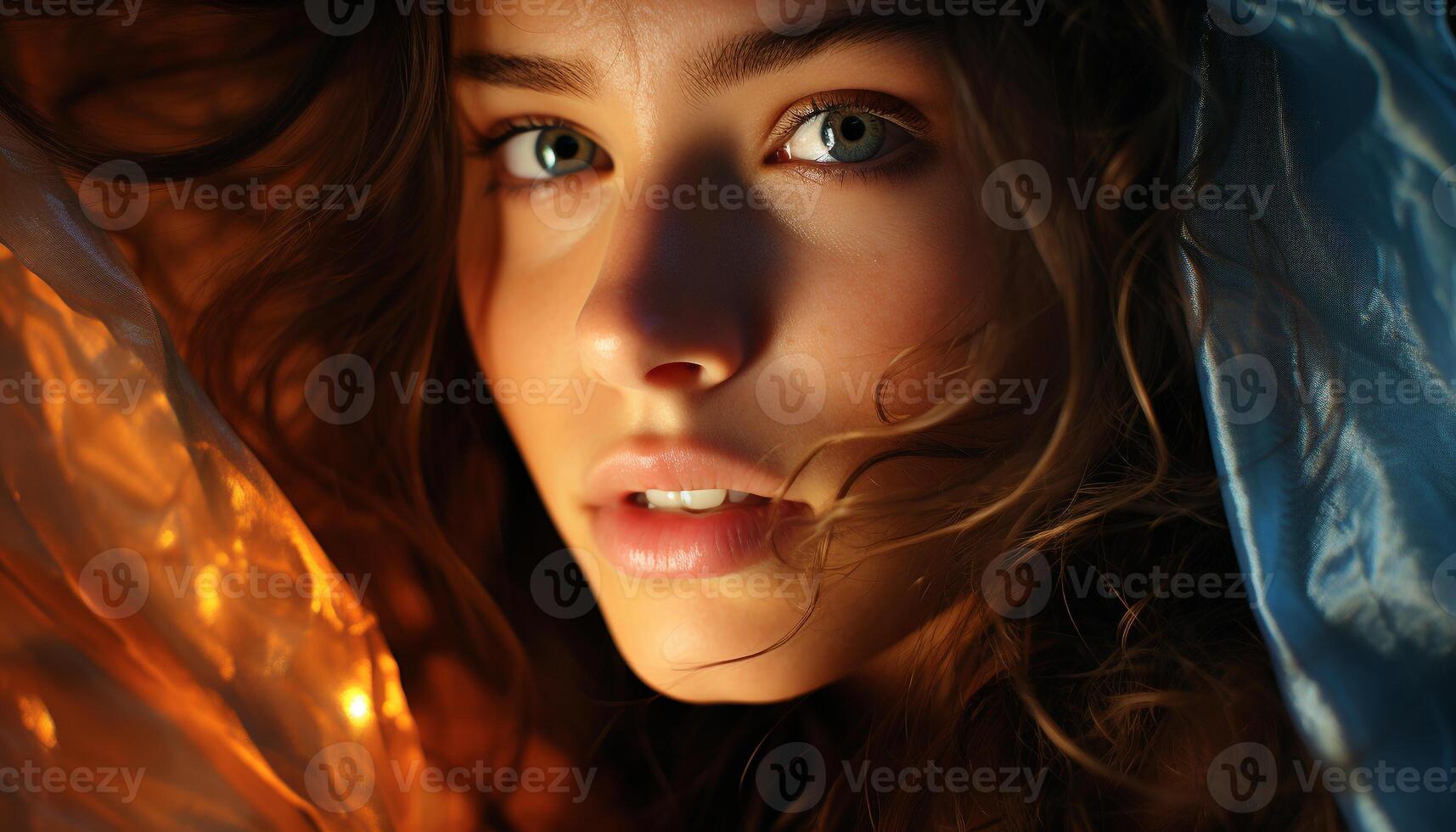 AI generated Young woman with long brown hair, smiling outdoors generated by AI photo