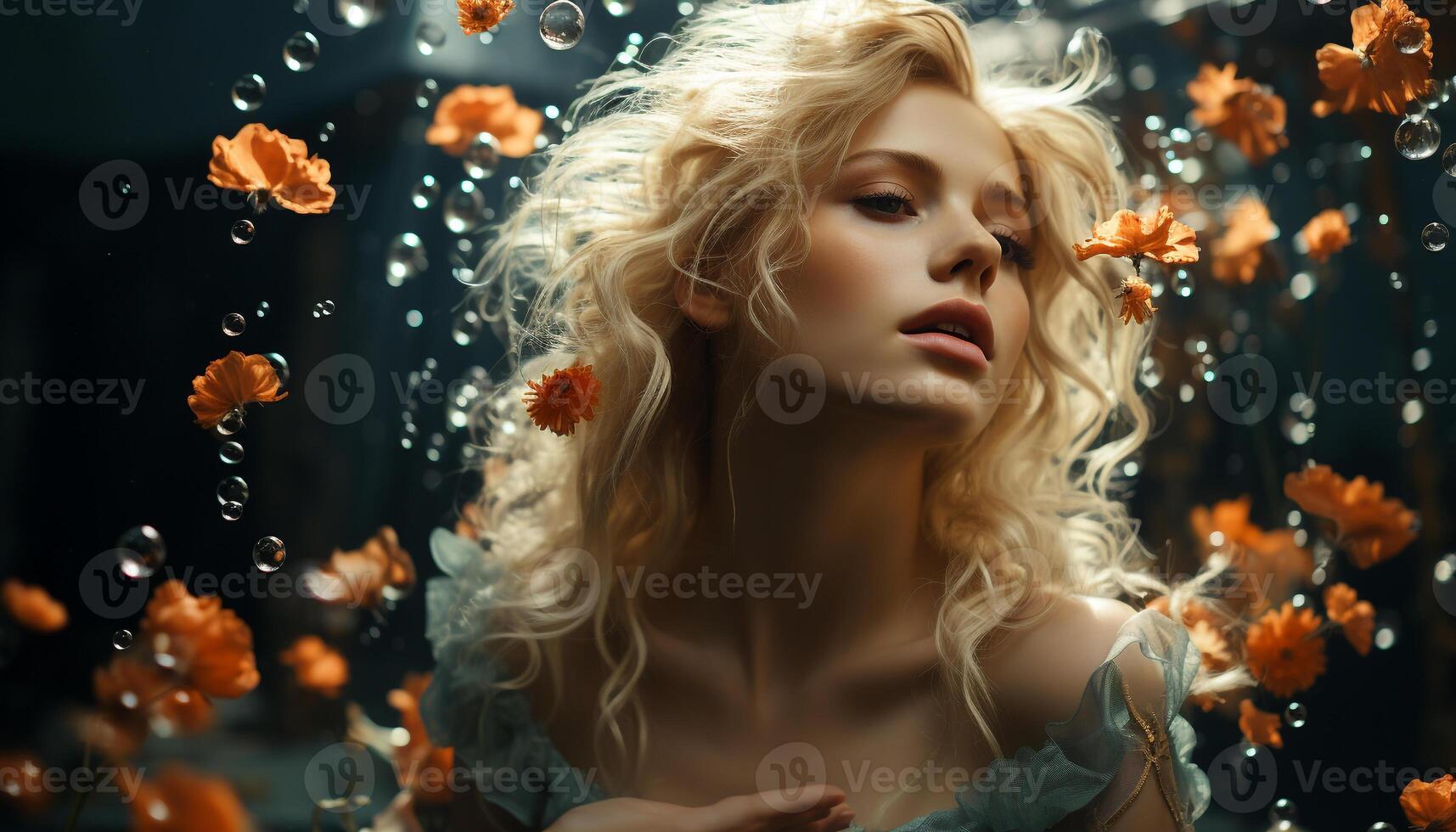AI generated Young woman with long blond hair enjoying nature generated by AI photo