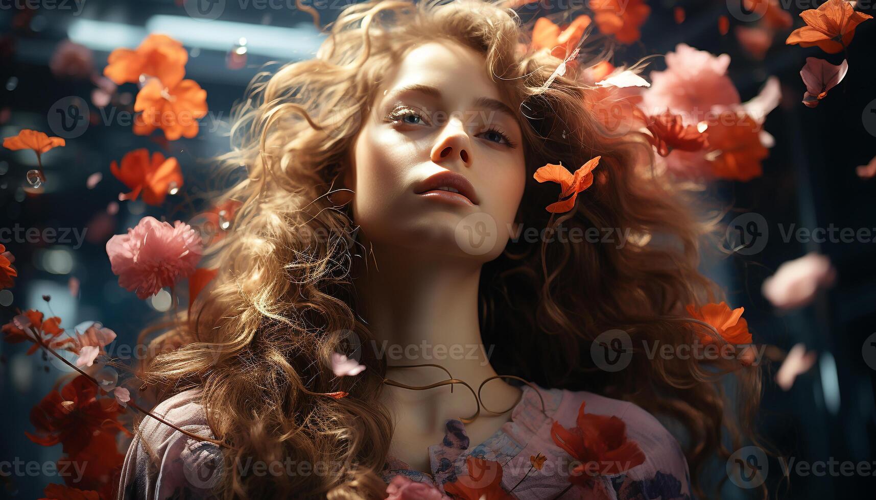 AI generated Young woman enjoying nature with beautiful long hair generated by AI photo