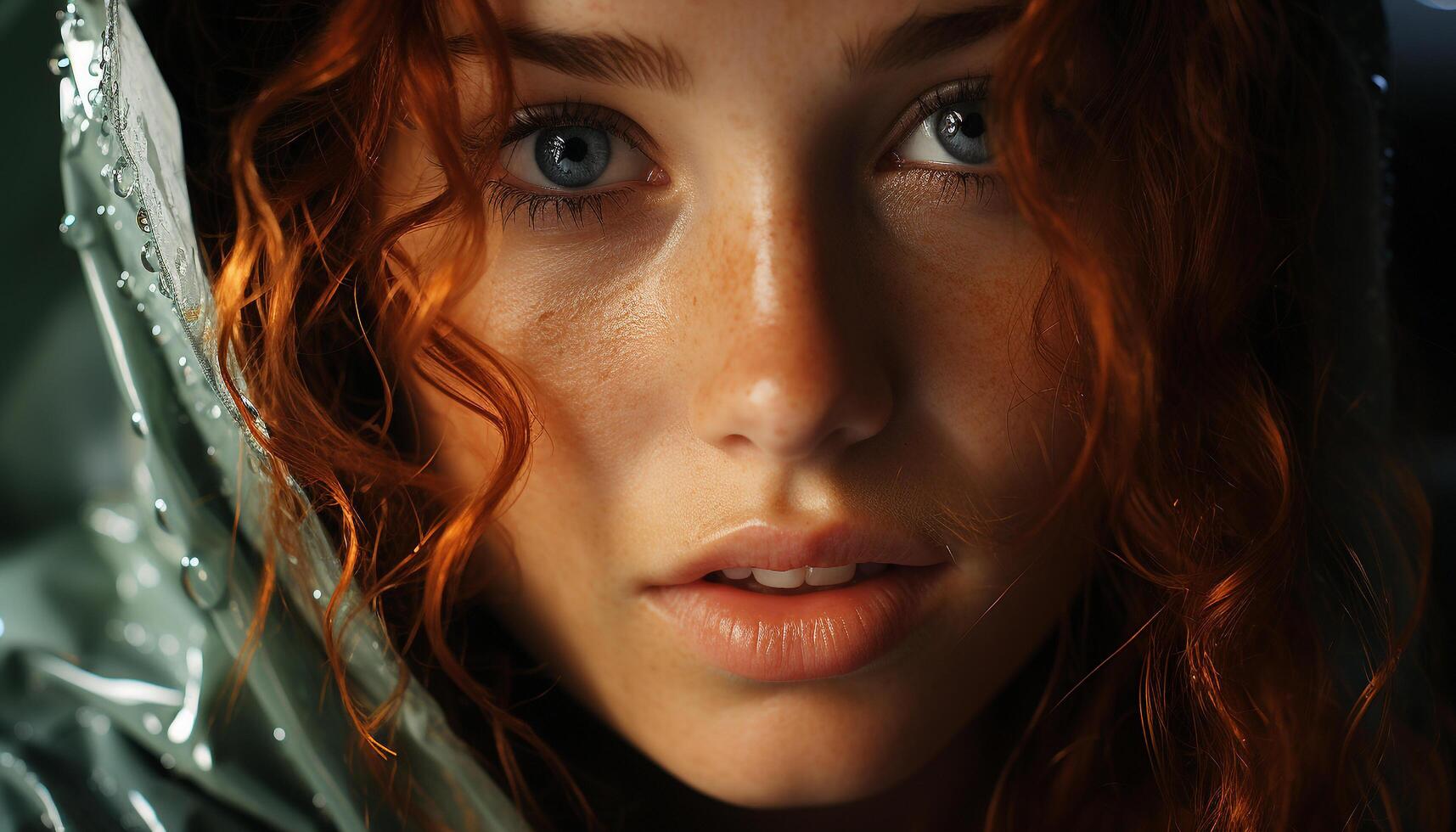 AI generated Young woman looking at camera, wet hair generated by AI photo