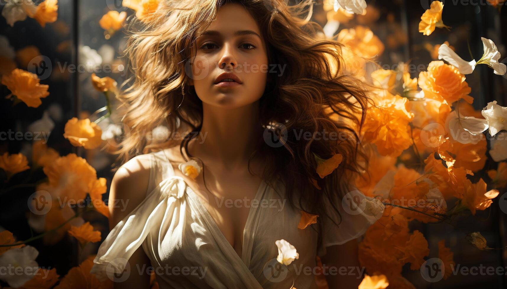AI generated Young woman with long brown hair in autumn generated by AI photo