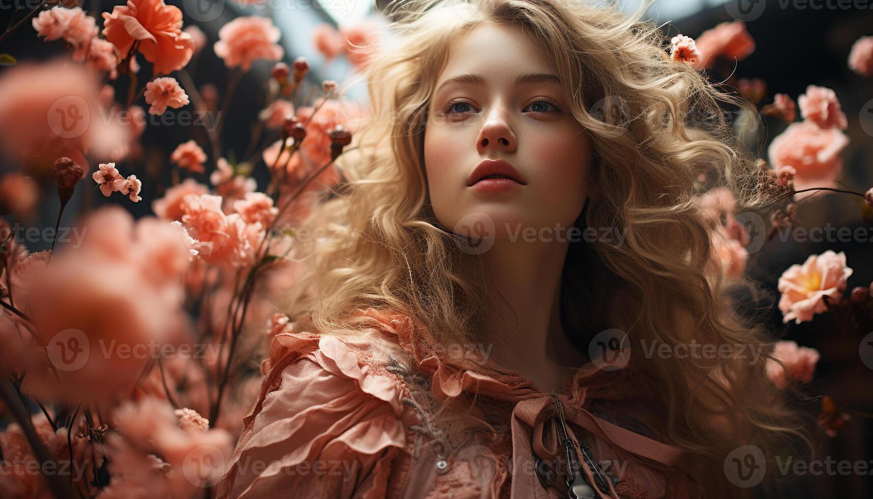 AI generated Young woman with blond hair smiling in nature generated by AI photo