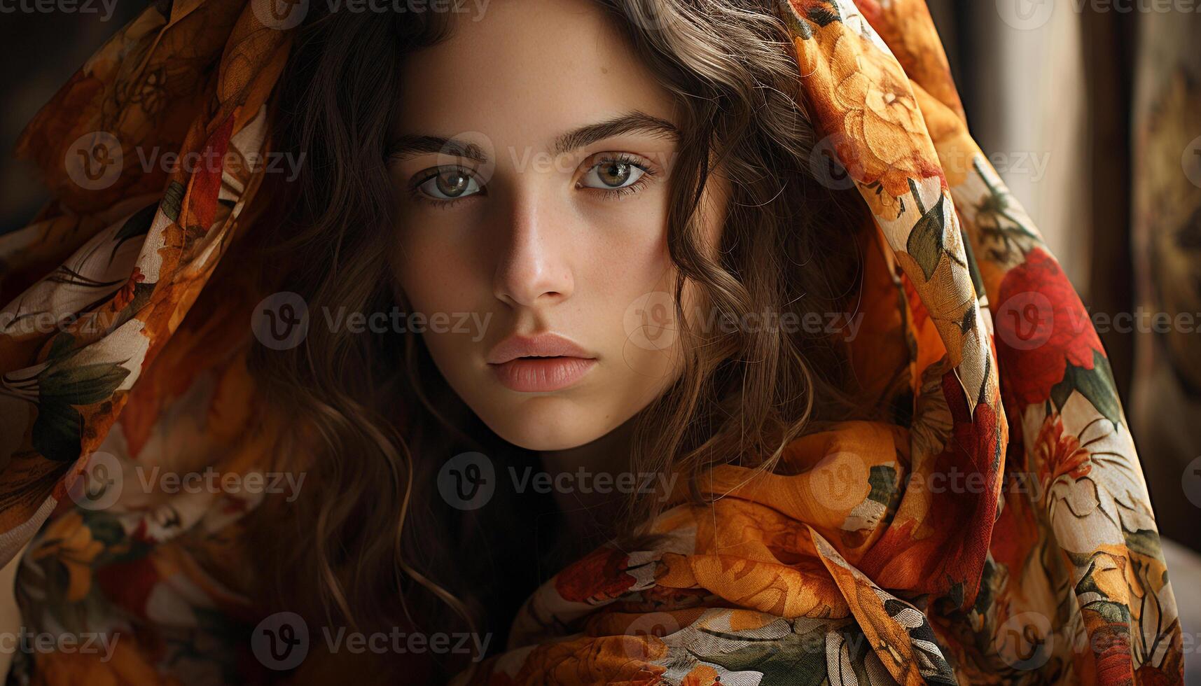 AI generated Young woman with long brown hair looking at camera generated by AI photo