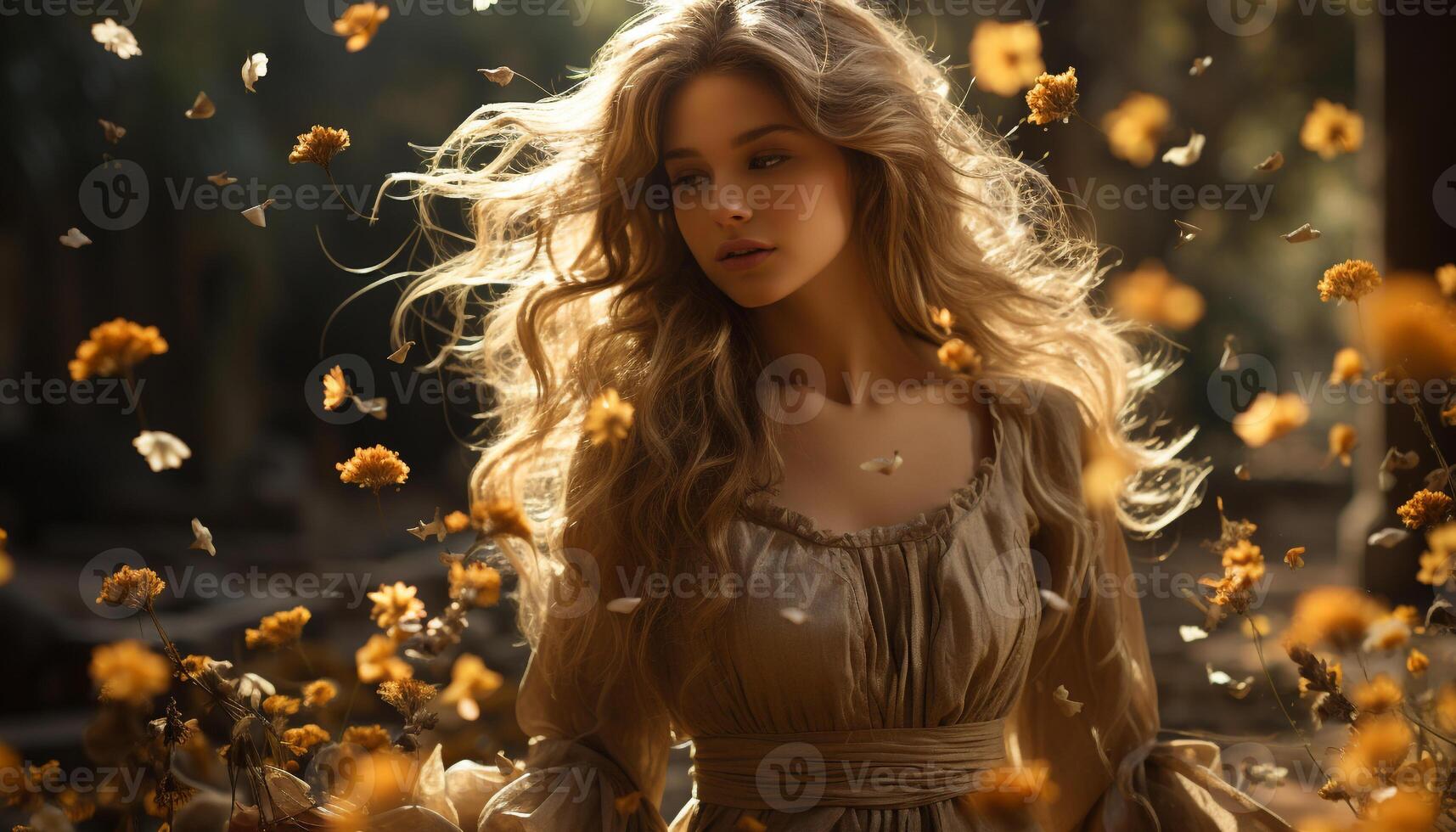 AI generated Young woman smiling, enjoying nature beauty generated by AI photo