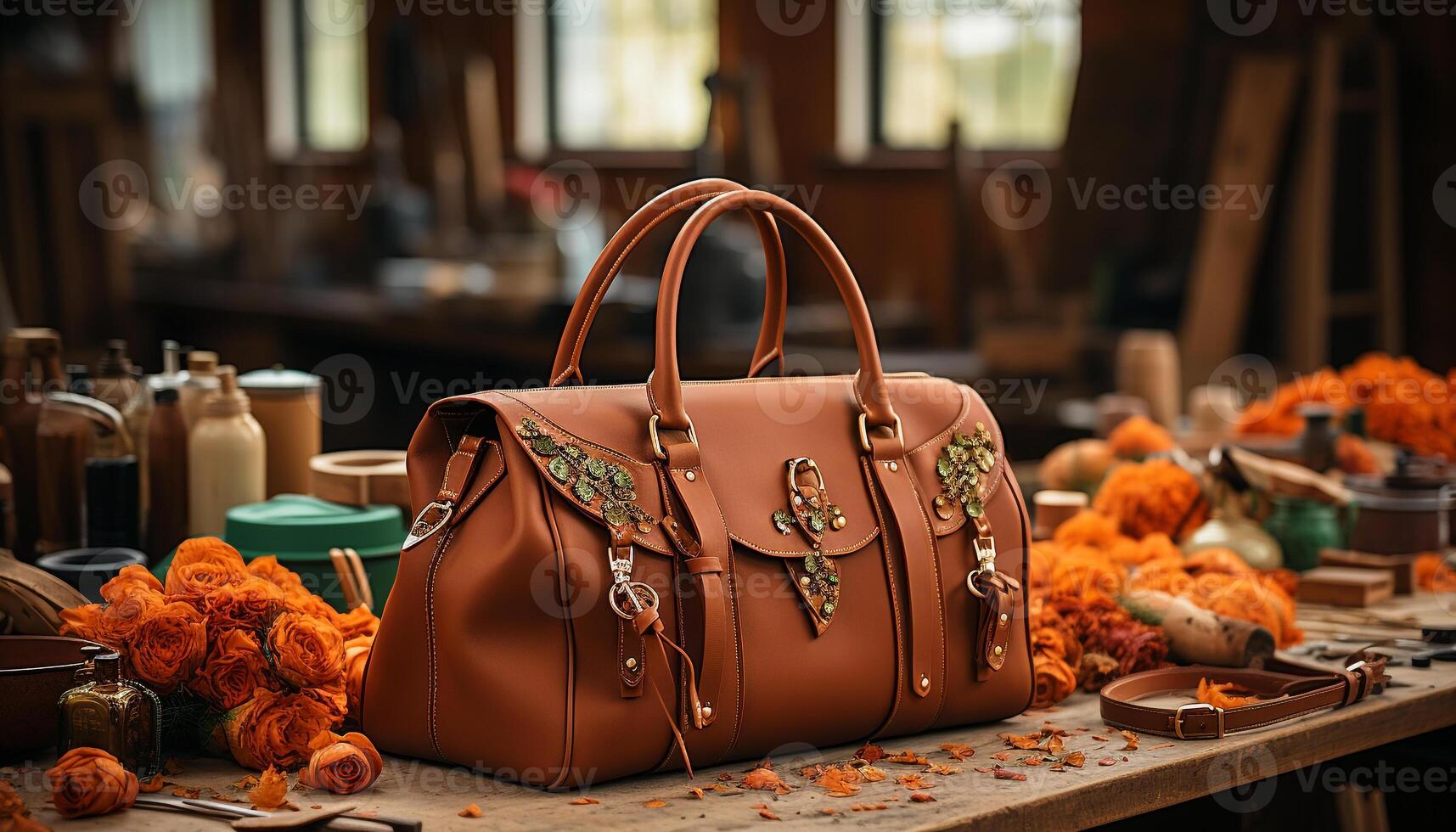AI generated Fashionable women purse on wooden table, autumn decoration generated by AI photo
