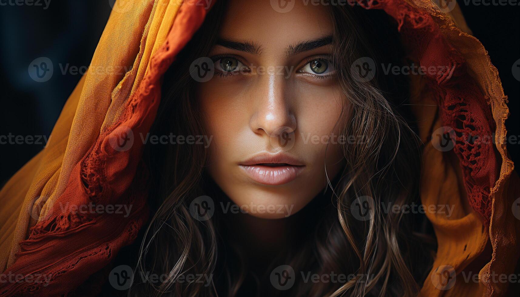 AI generated Beautiful woman with long brown hair looking at camera generated by AI photo