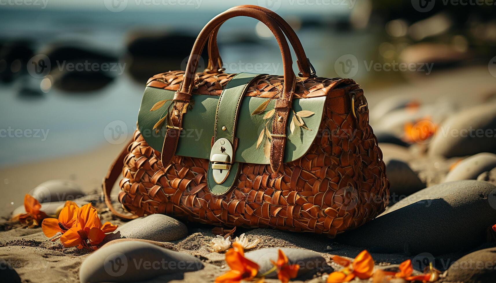 AI generated Fashionable wicker beach bag holds summer essentials generated by AI photo