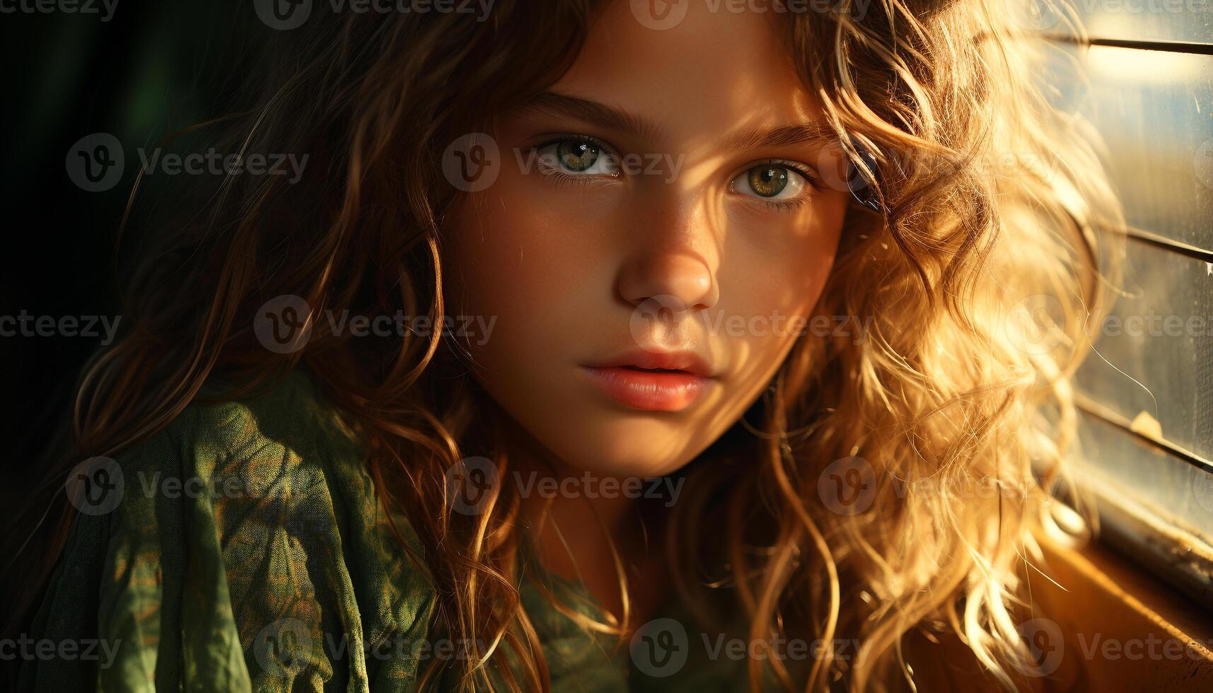 AI generated Young woman with long brown hair looking at camera generated by AI photo