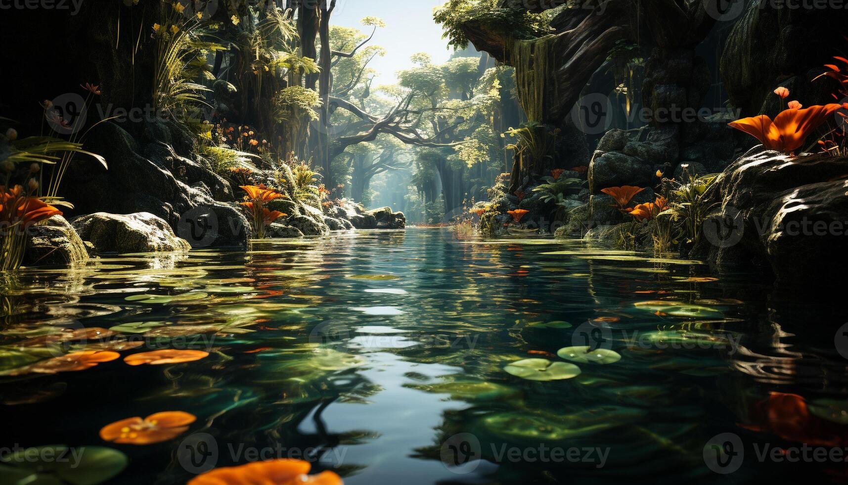 AI generated Tranquil scene of a green forest pond generated by AI photo