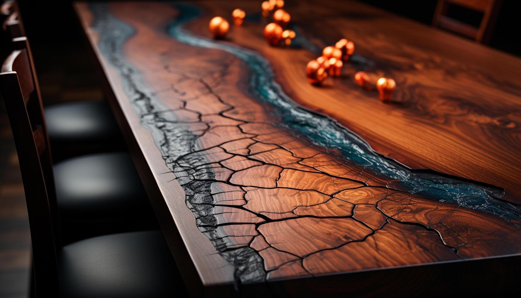 AI generated Old wood table glowing with flame in dark night generated by AI photo