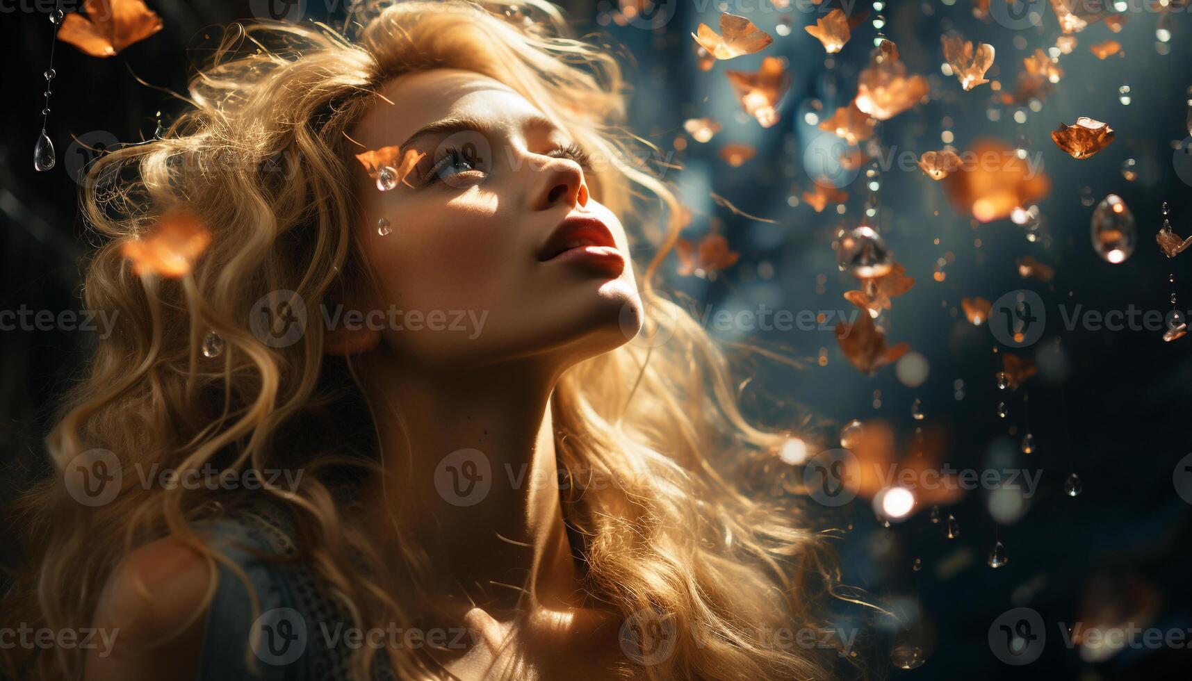 AI generated Young adult woman with blond hair smiling outdoors generated by AI photo