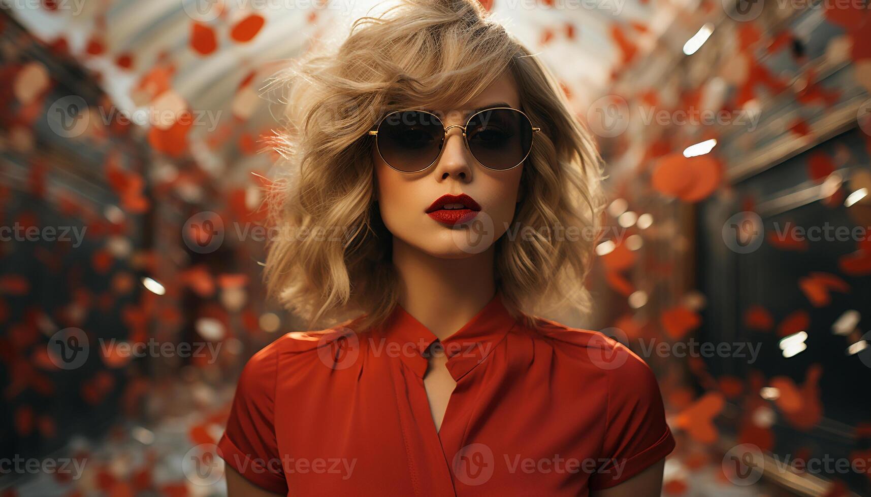 AI generated Young woman with sunglasses, smiling, looking at camera generated by AI photo