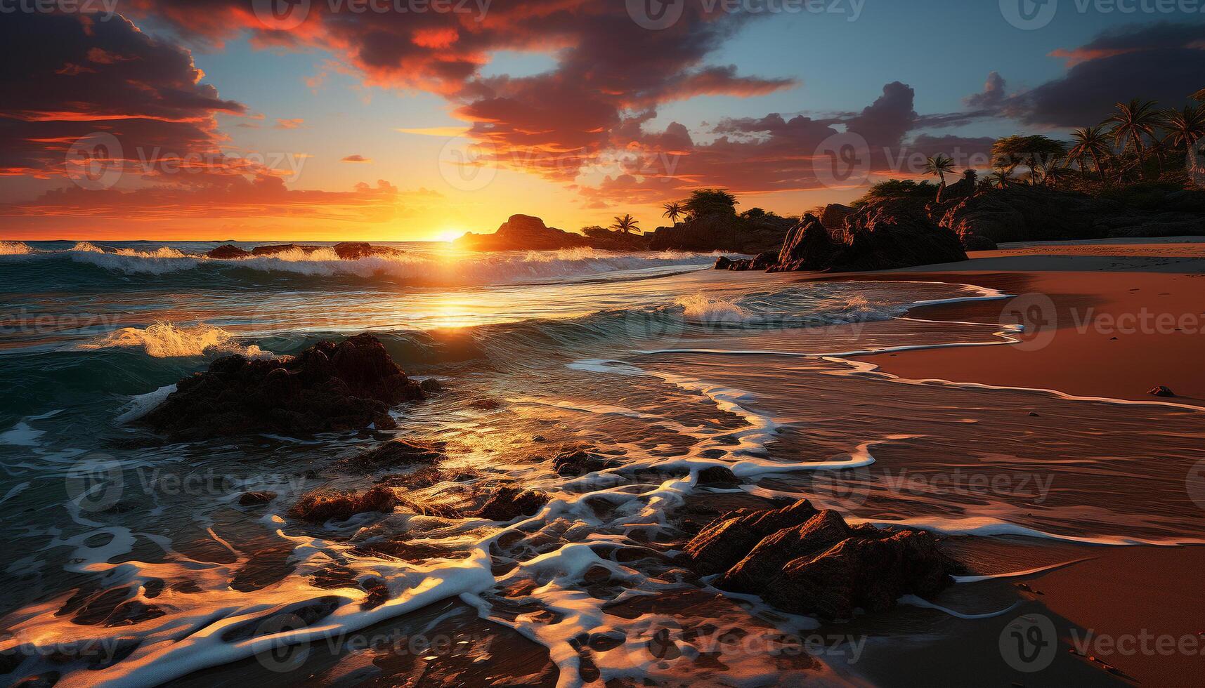 ai generado puesta de sol terminado el línea costera, olas choque en arena generado por ai foto