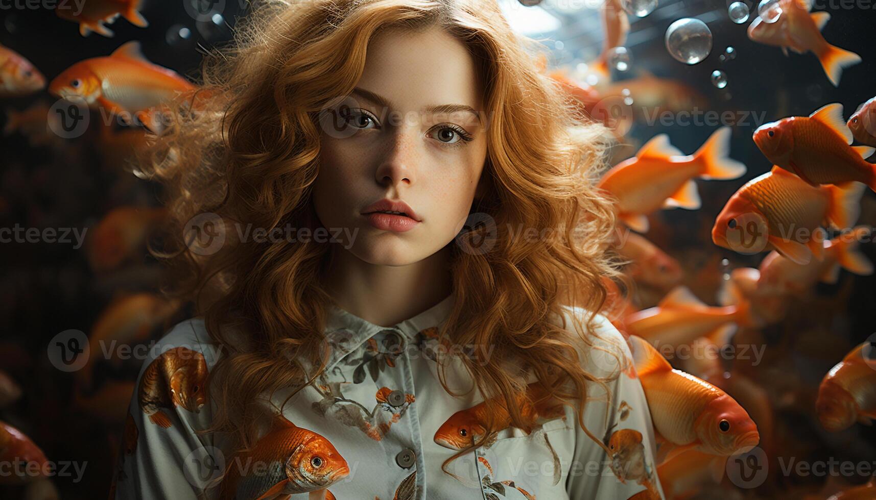AI generated Young woman looking at camera with goldfish generated by AI photo