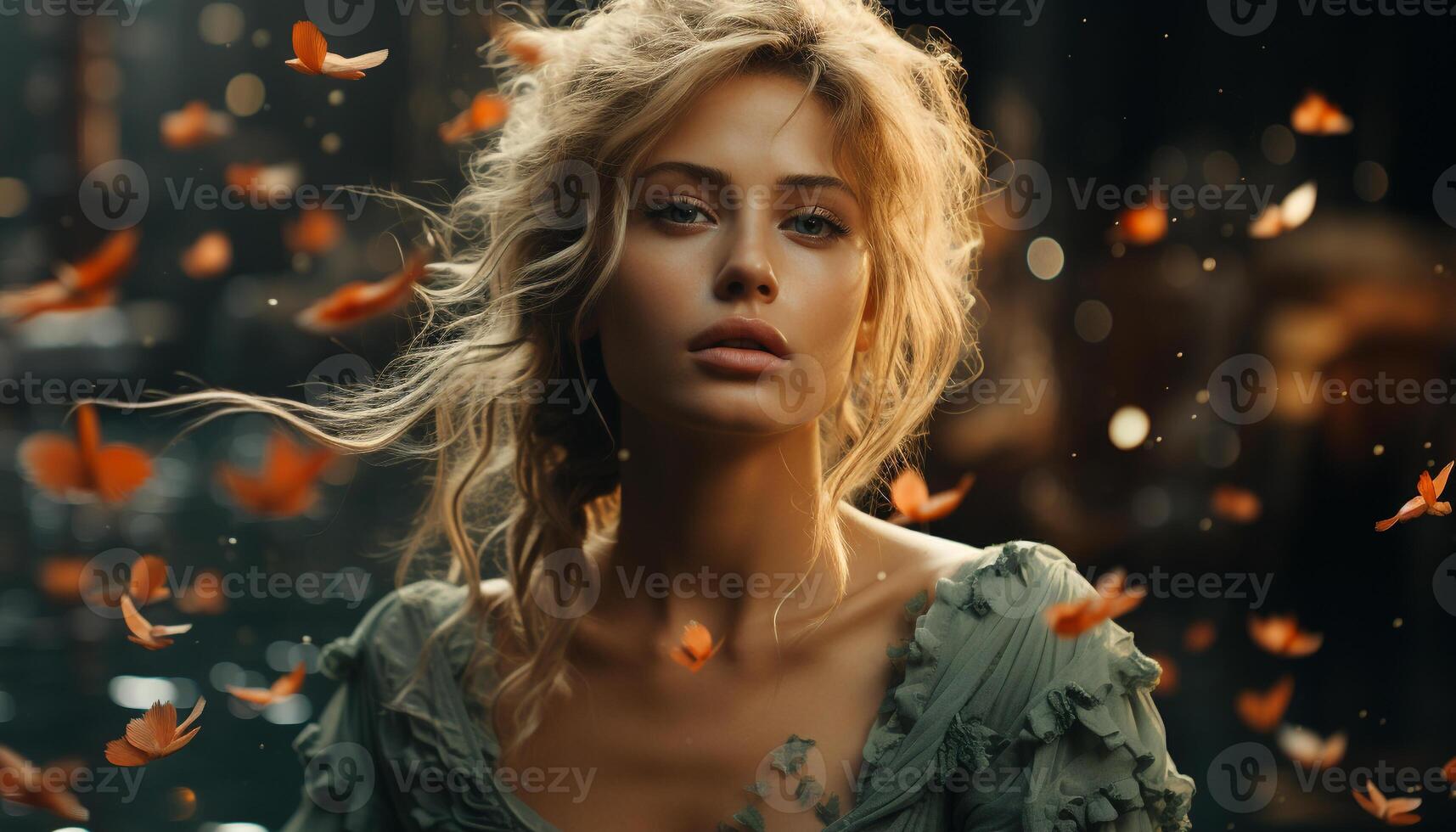 AI generated Young woman in nature, smiling, looking at camera generated by AI photo