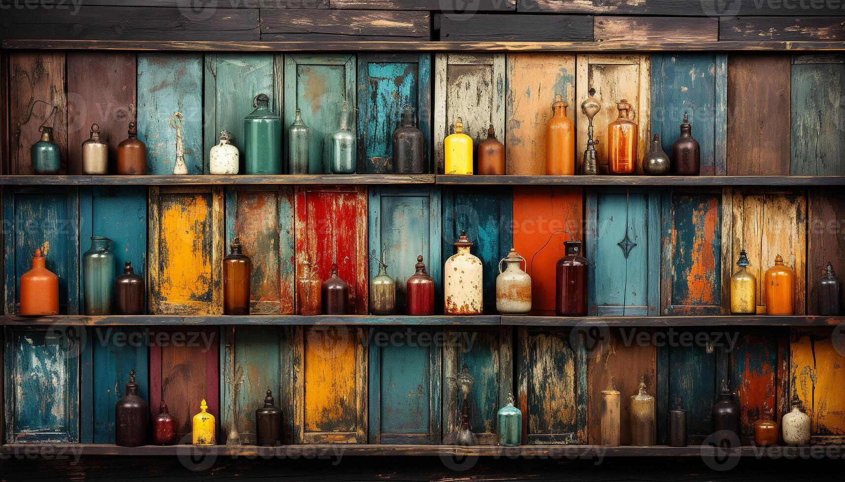 AI generated Old fashioned glass bottles on a wooden shelf generated by AI photo